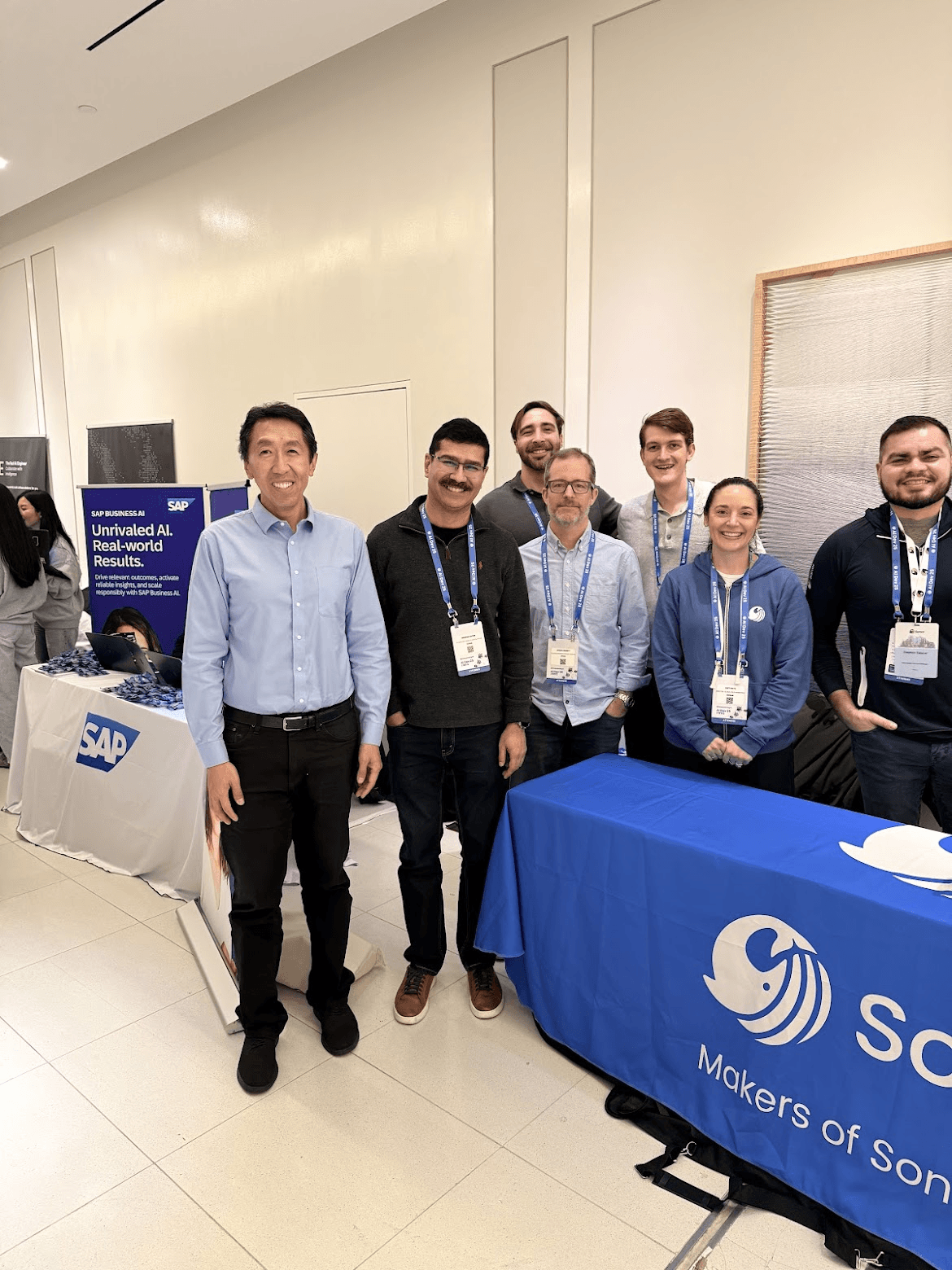 Jonah and fellow attendees with Andrew Ng at the Sonar booth at AI Dev 2025