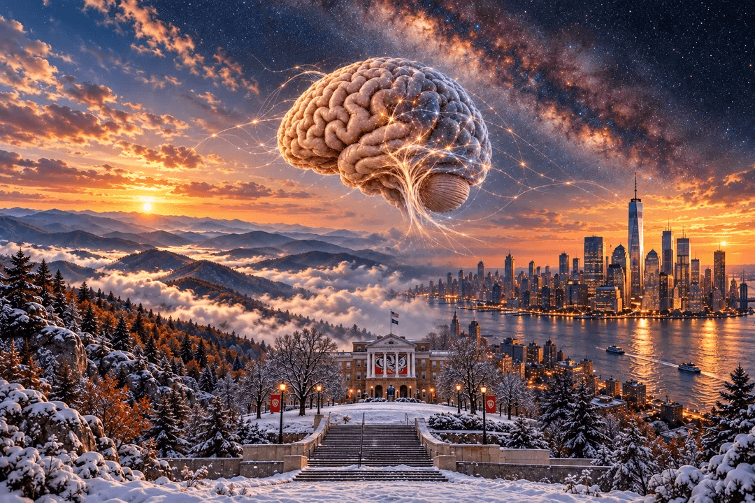 AI-generated mural connecting Tennessee’s Smoky Mountains, snowy Bascom Hill viewed from below, and New York beneath a brain and the Milky Way