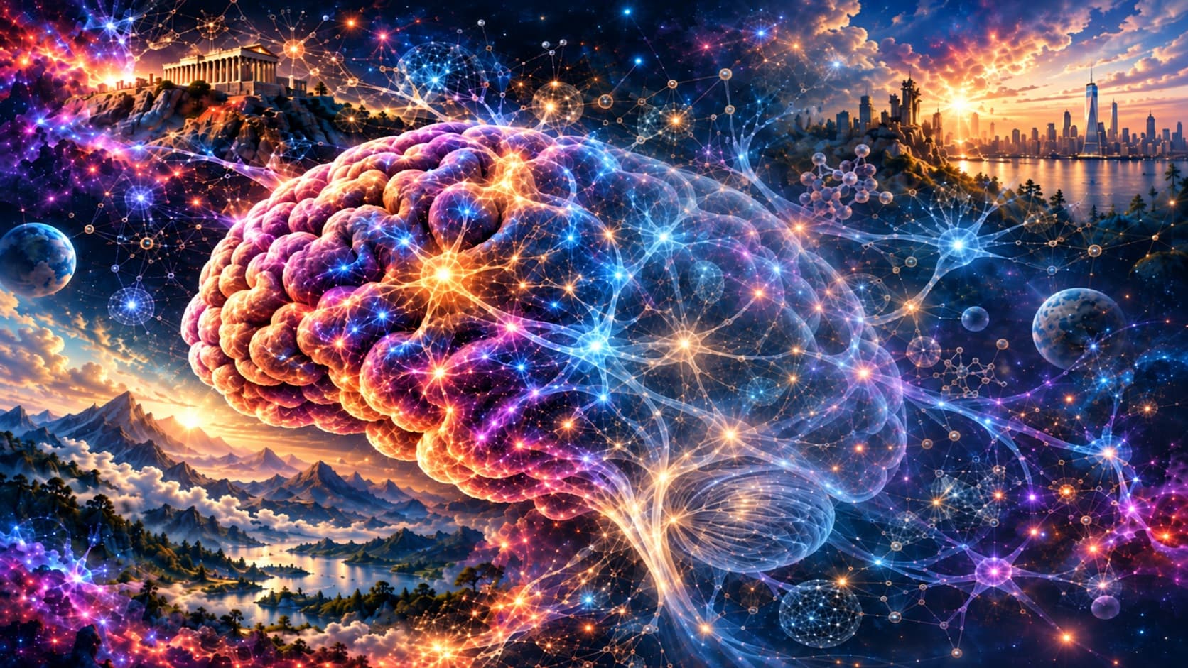 Abstract illustration connecting the brain, science, philosophy, nature, and cities